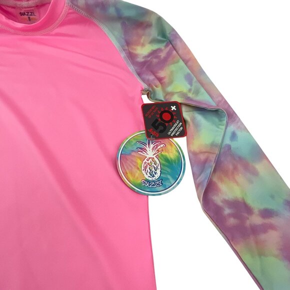 Suzzi Activewear Girls Tie-Dye Long Sleeve Rash Guard Swim Shirt L Pink UPF 50+ - Picture 5 of 9